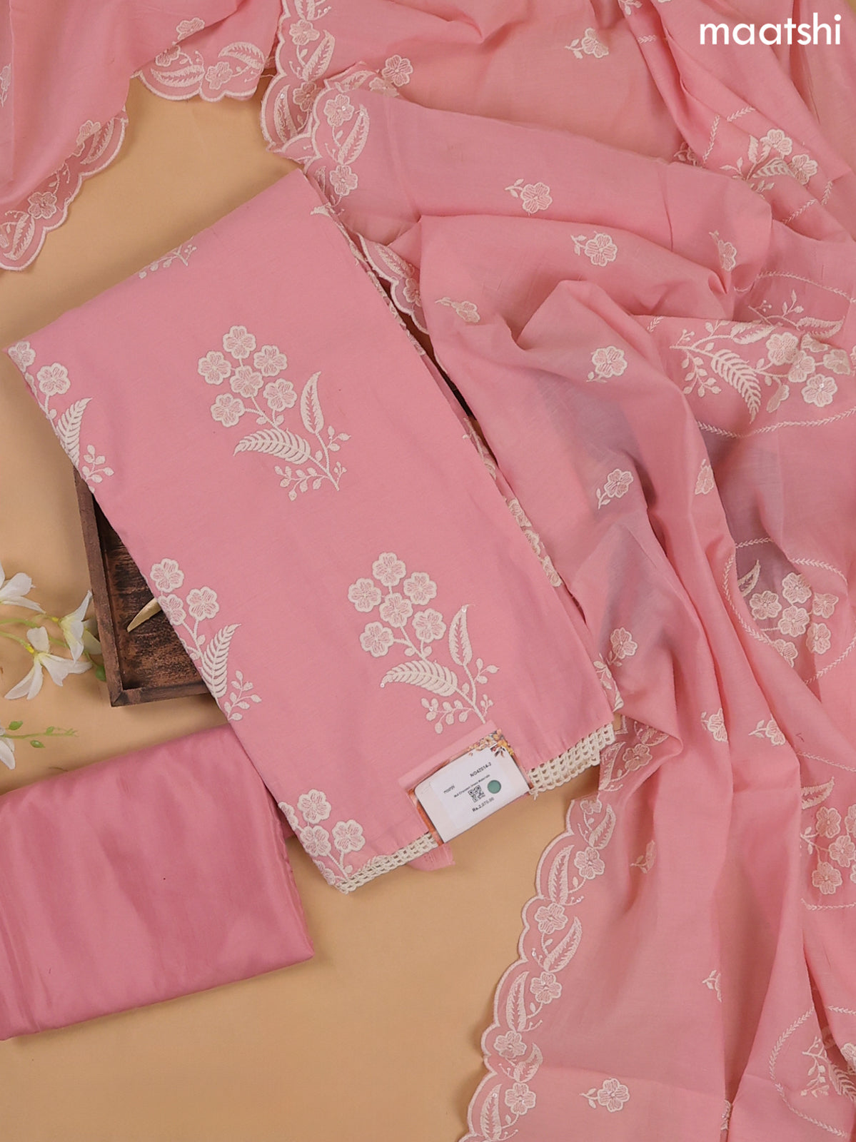 Baby Pink Mul Chanderi Dress Materials With Floral Embroidery Work
