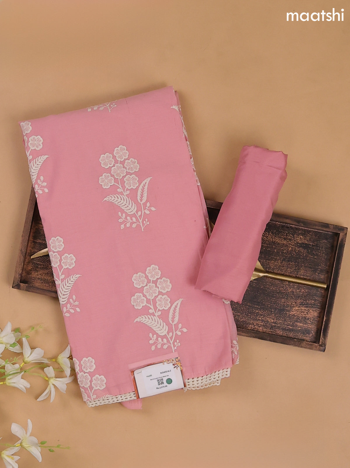 Baby Pink Mul Chanderi Dress Materials With Floral Embroidery Work
