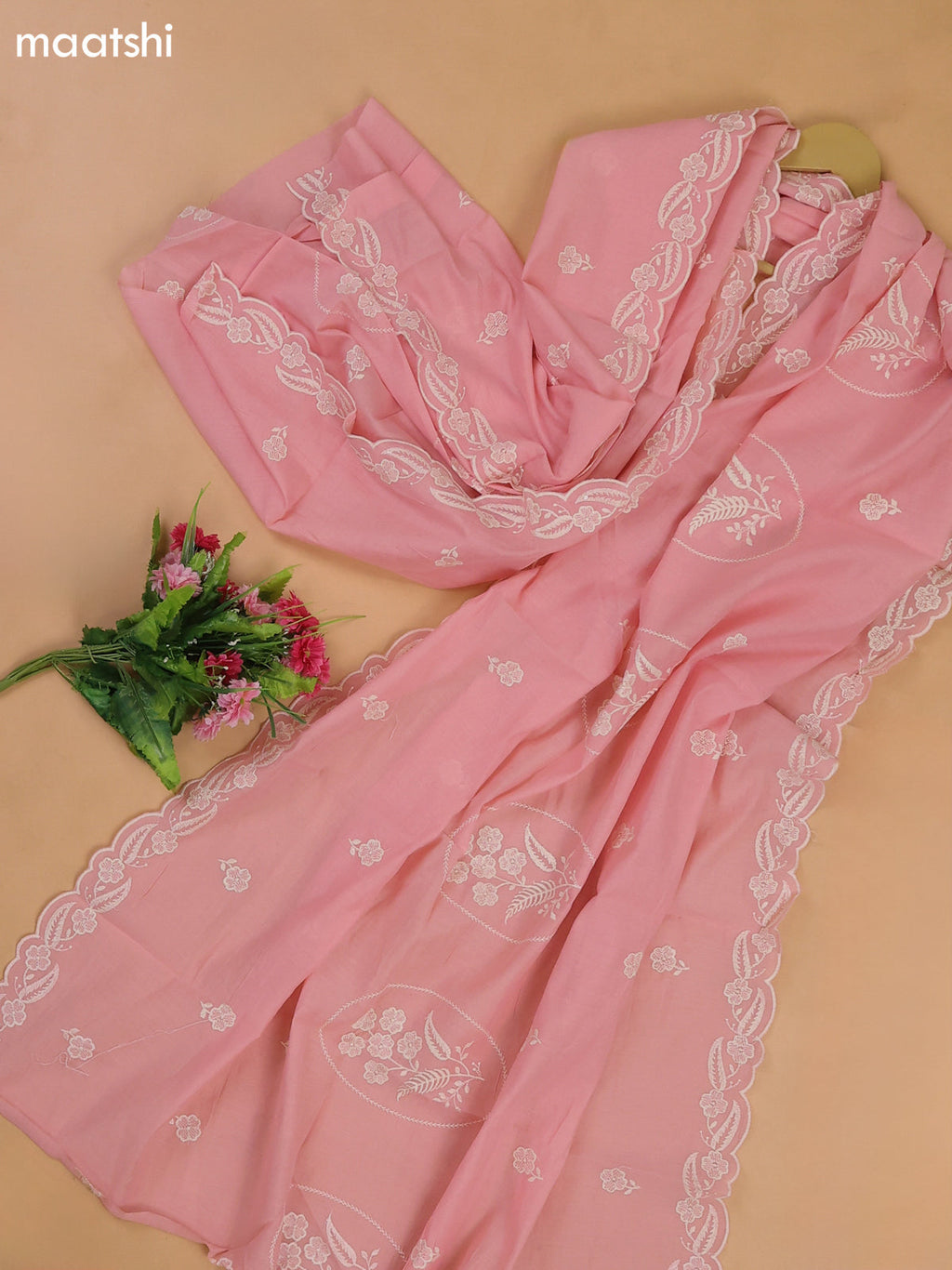 Baby Pink Mul Chanderi Dress Materials With Floral Embroidery Work