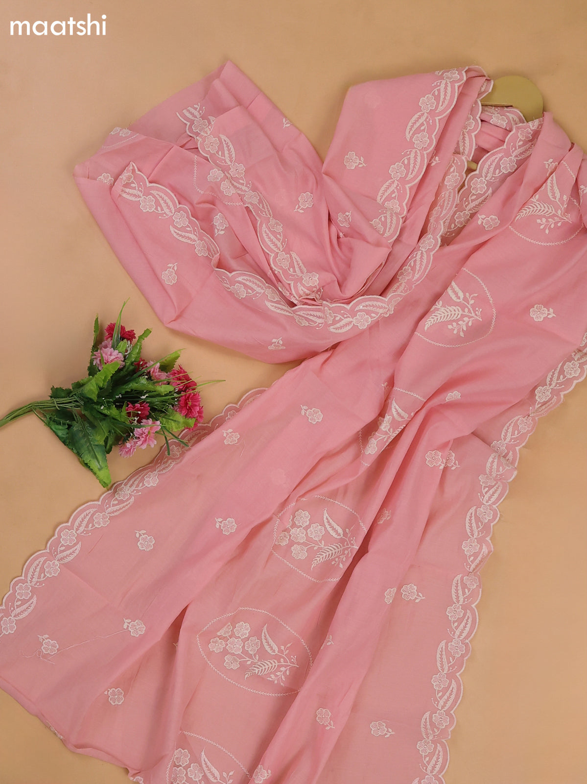 Baby Pink Mul Chanderi Dress Materials With Floral Embroidery Work