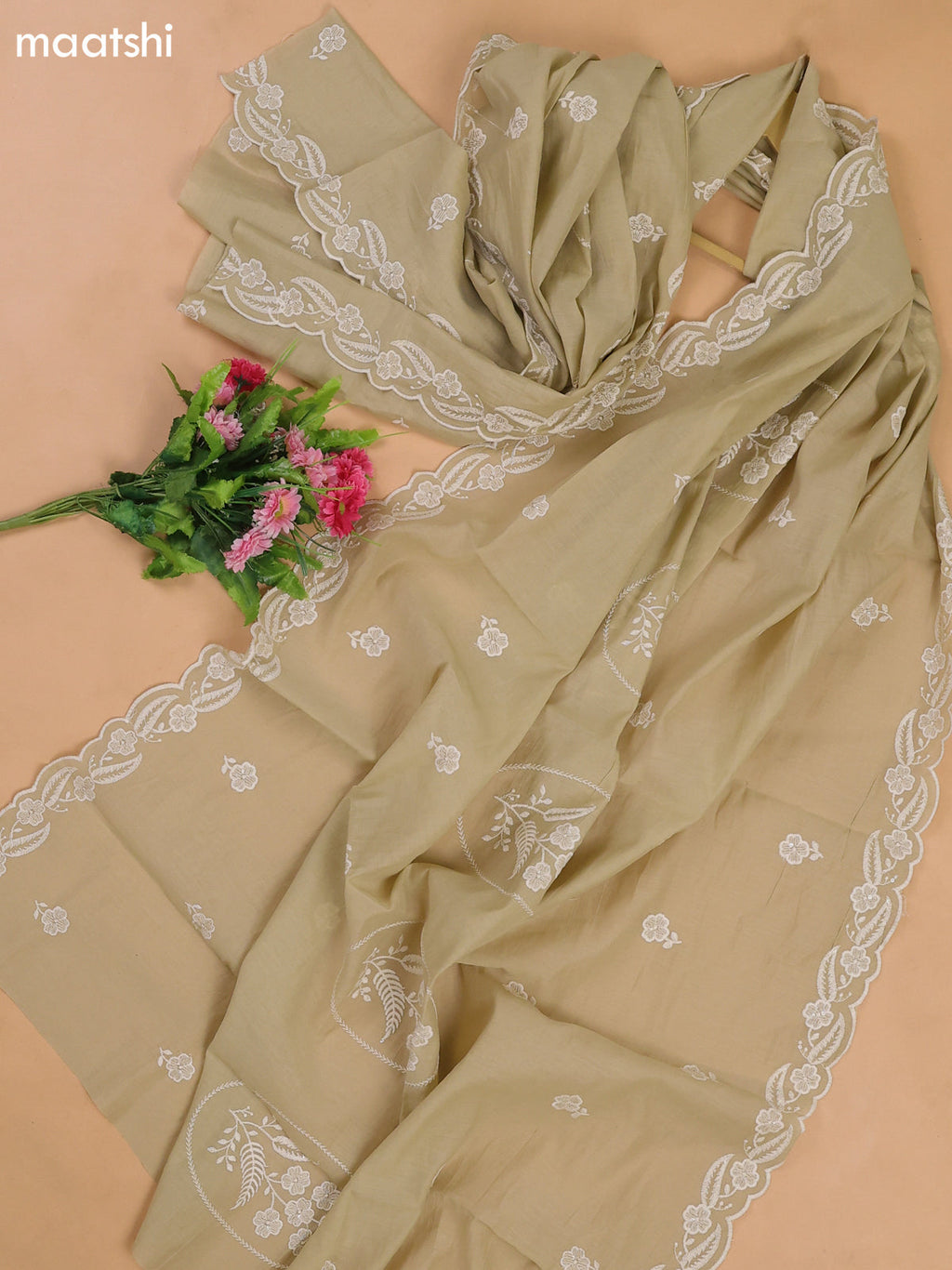 Grey Mul Chanderi Dress Materials With Floral Embroidery Work