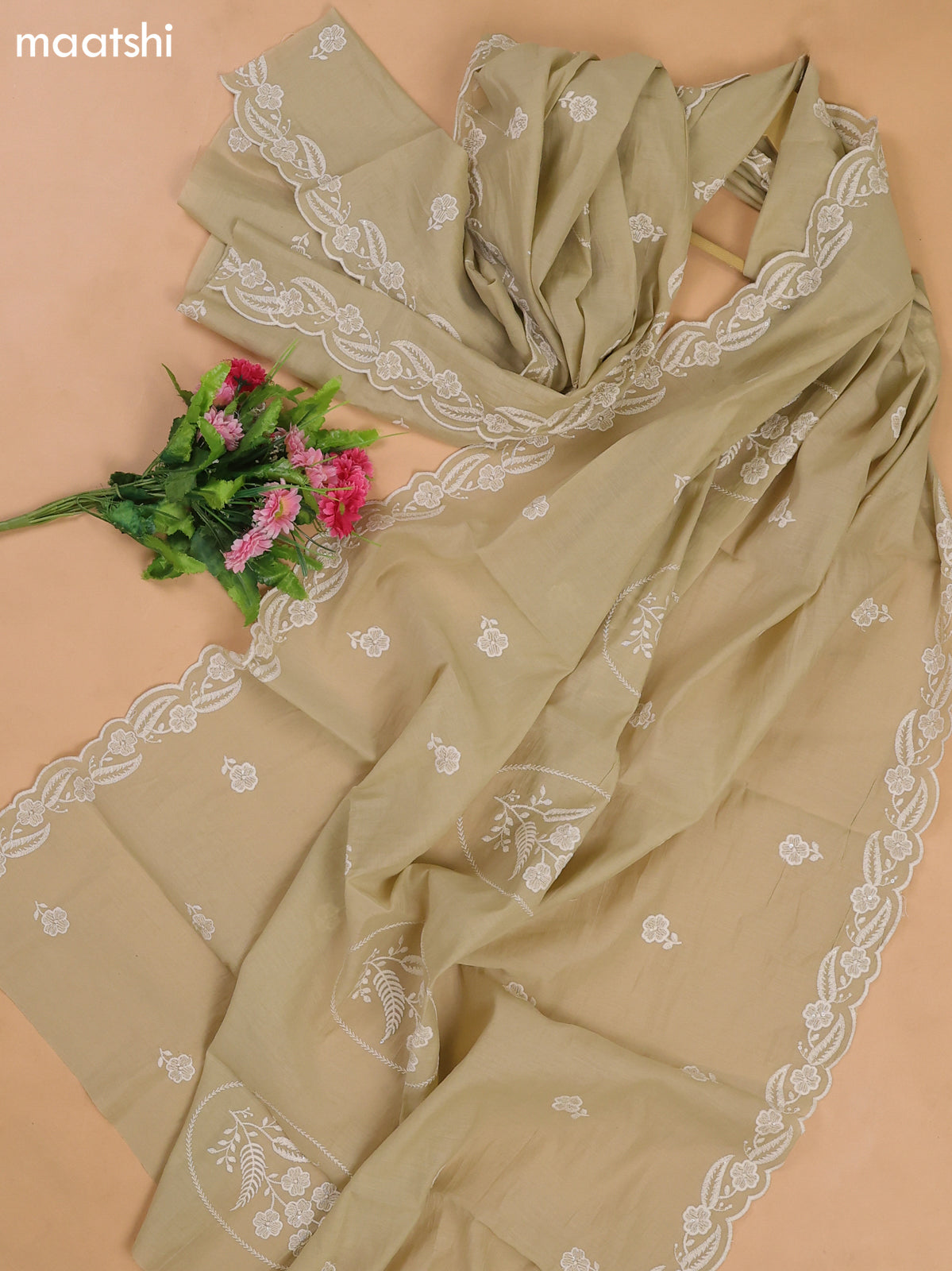 Grey Mul Chanderi Dress Materials With Floral Embroidery Work