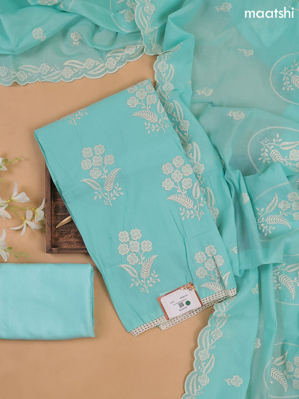 Teal Blue Mul Chanderi Dress Materials With Floral Embroidery Work