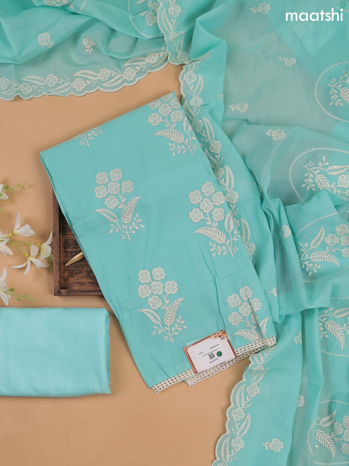 Teal Blue Mul Chanderi Dress Materials With Floral Embroidery Work