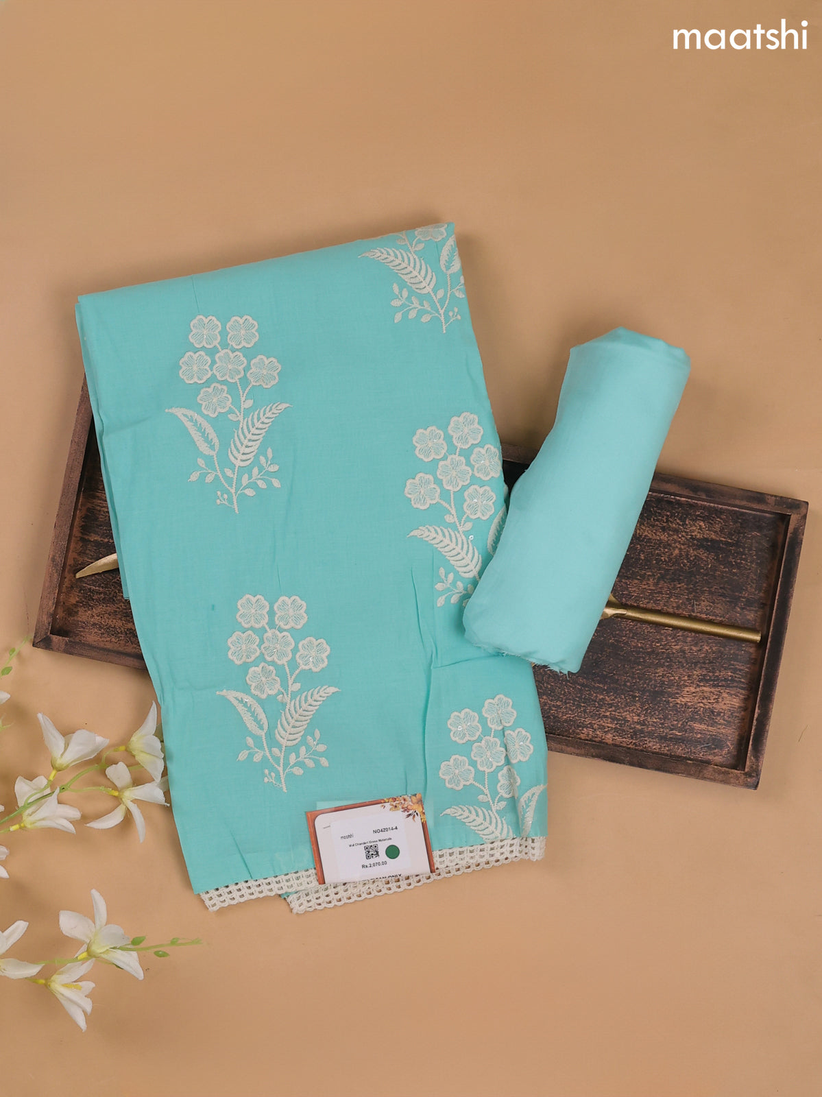 Teal Blue Mul Chanderi Dress Materials With Floral Embroidery Work