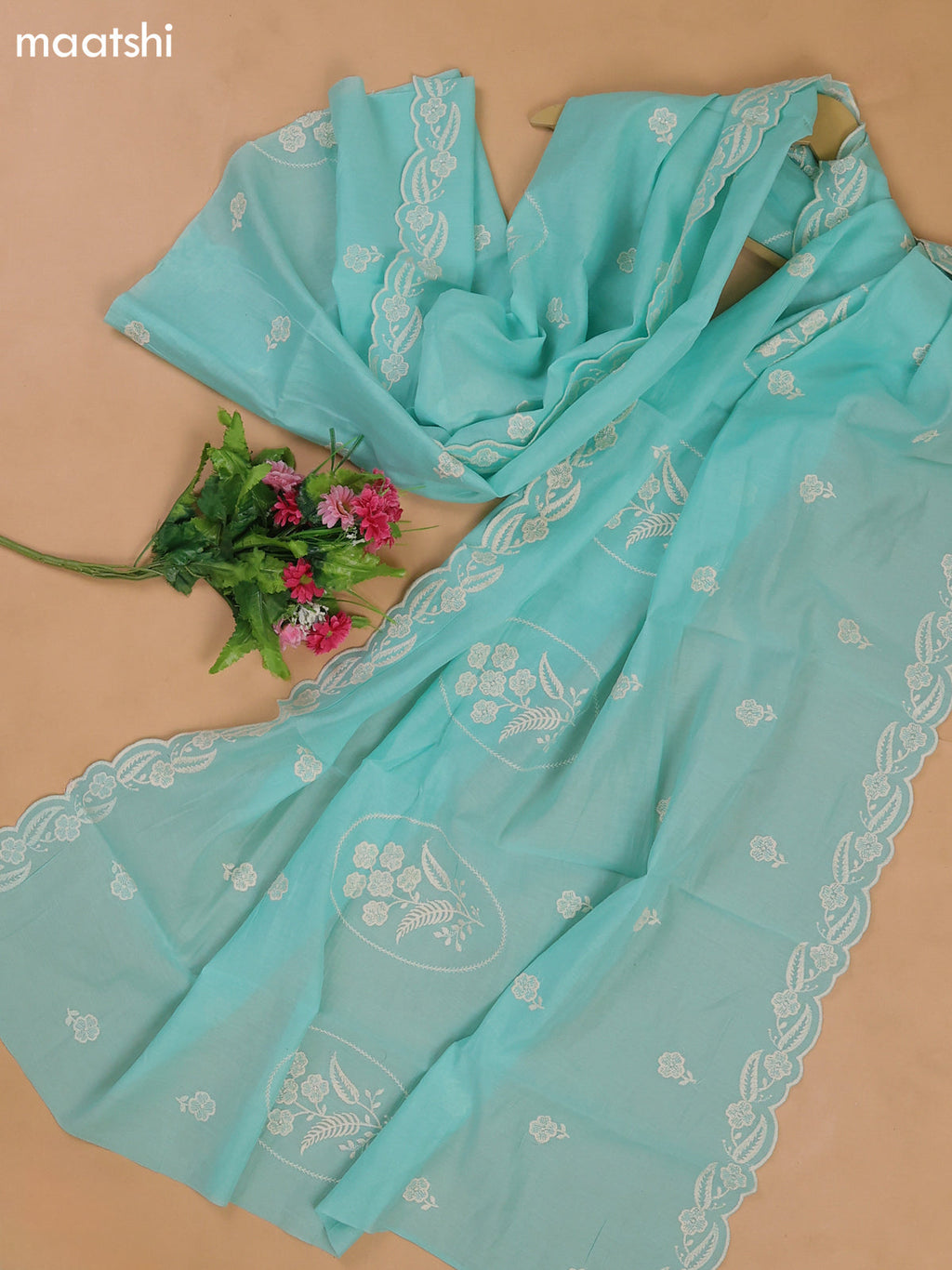 Teal Blue Mul Chanderi Dress Materials With Floral Embroidery Work
