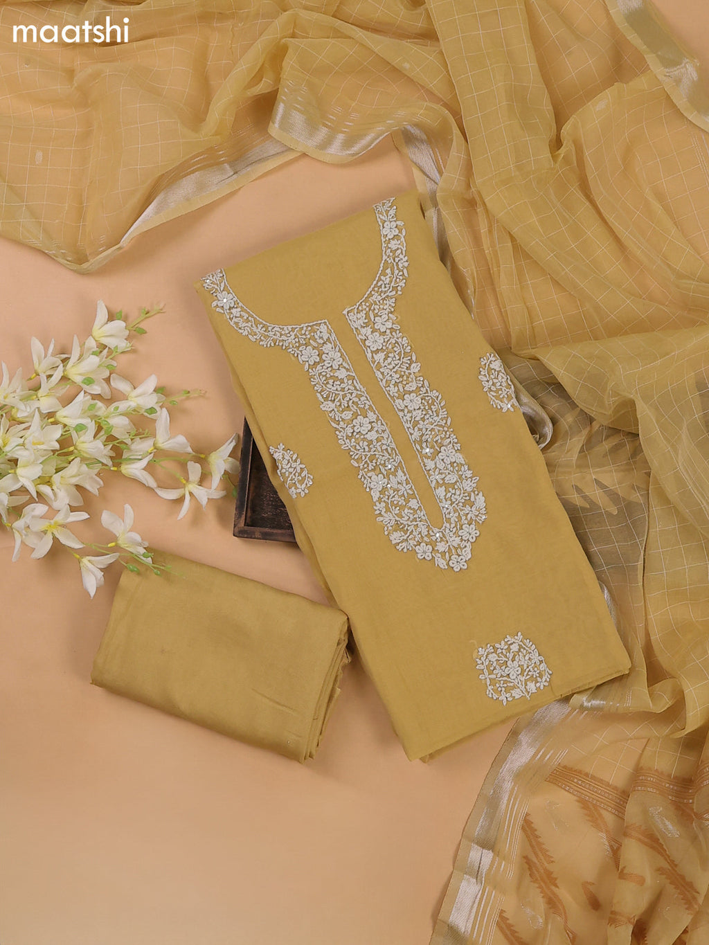 Mustard Yellow Mul Chanderi Dress Materials With Floral Embroidery Work