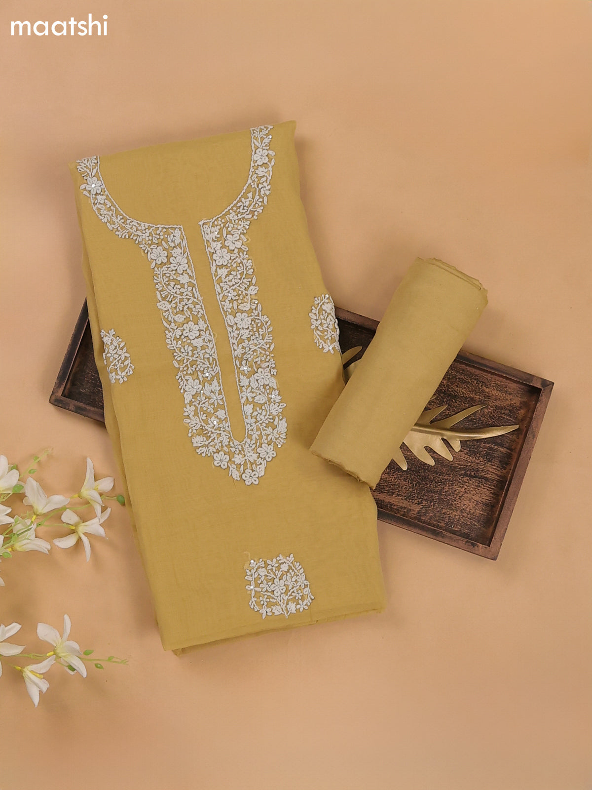 Mustard Yellow Mul Chanderi Dress Materials With Floral Embroidery Work