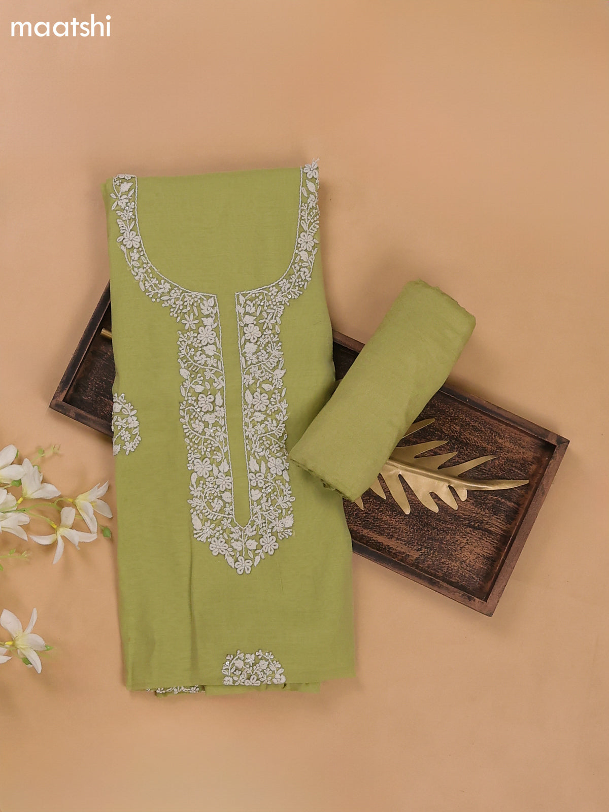 Pista Green Mul Chanderi Dress Materials With Floral Embroidery Work