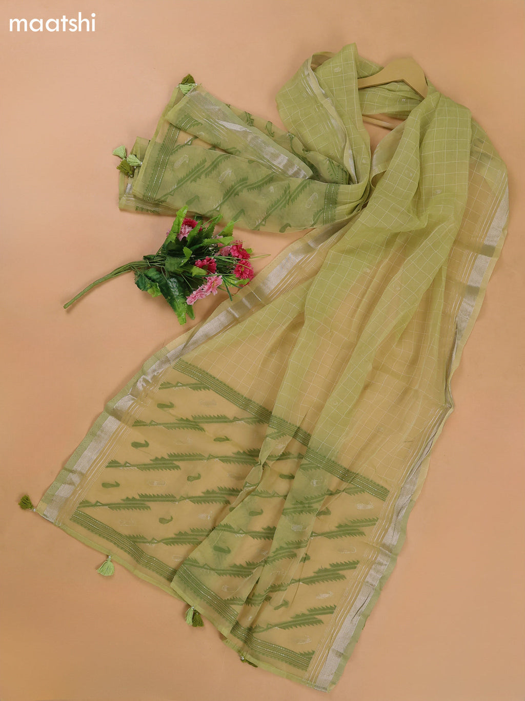 Pista Green Mul Chanderi Dress Materials With Floral Embroidery Work