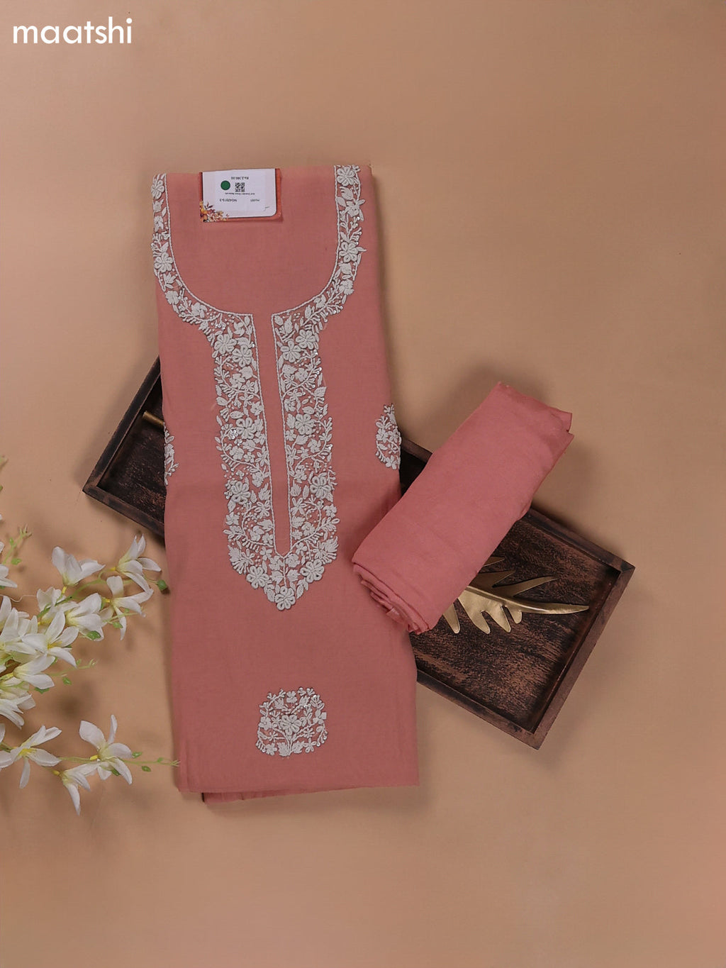 Peach Mul Chanderi Dress Materials With Floral Embroidery Work