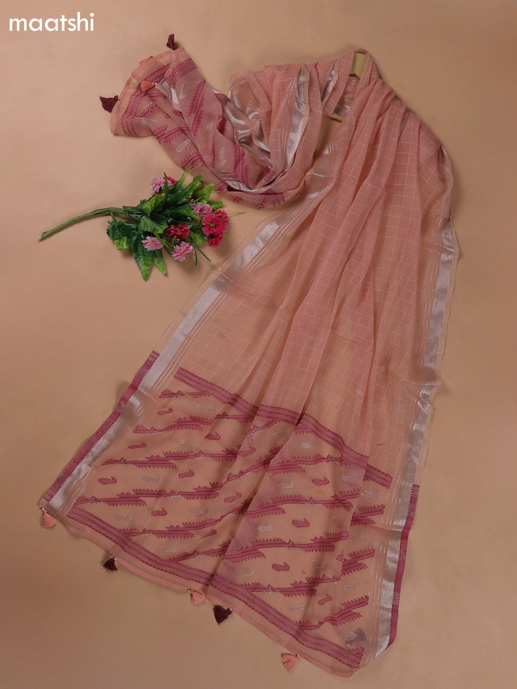 Peach Mul Chanderi Dress Materials With Floral Embroidery Work