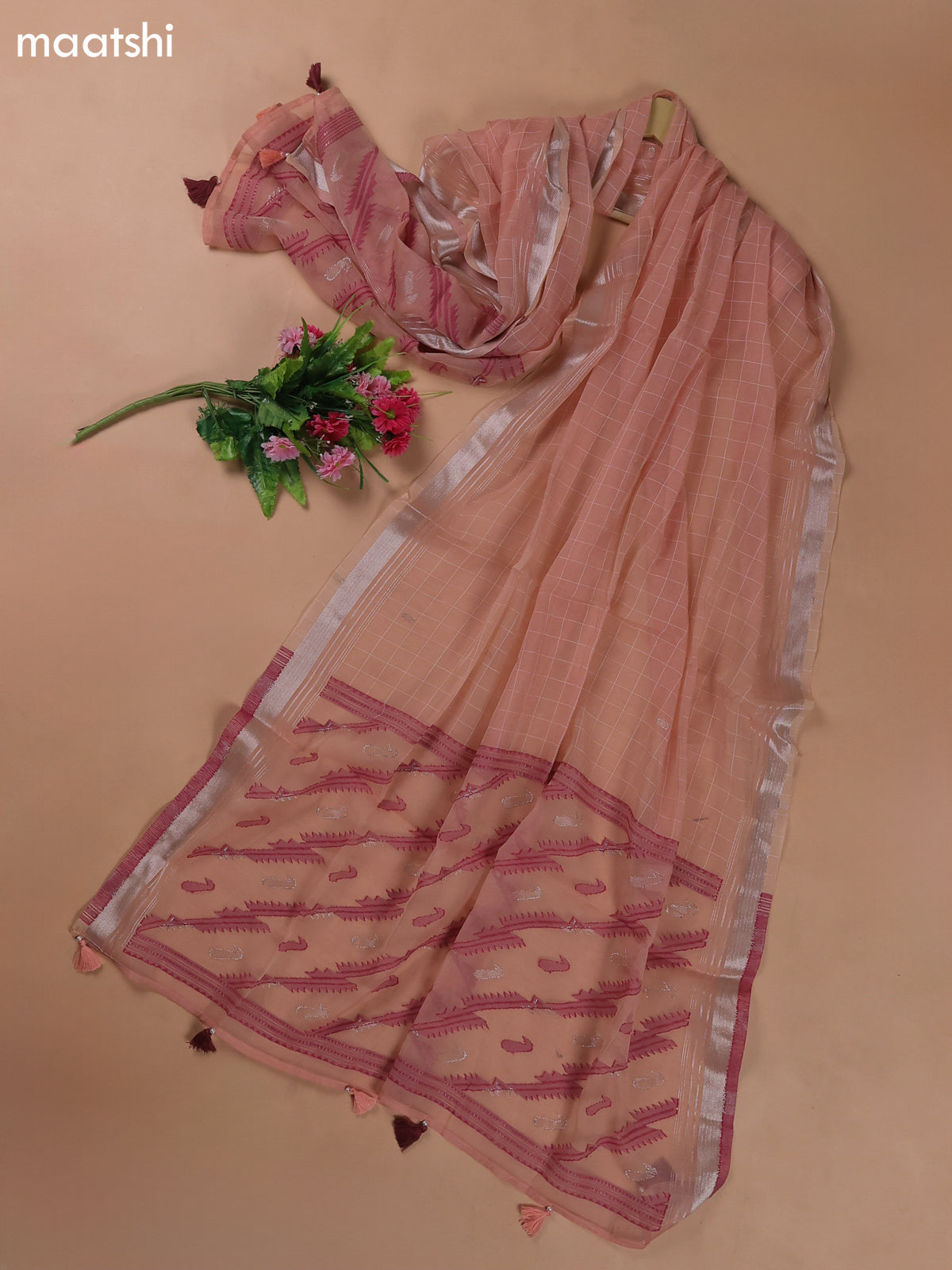Peach Mul Chanderi Dress Materials With Floral Embroidery Work