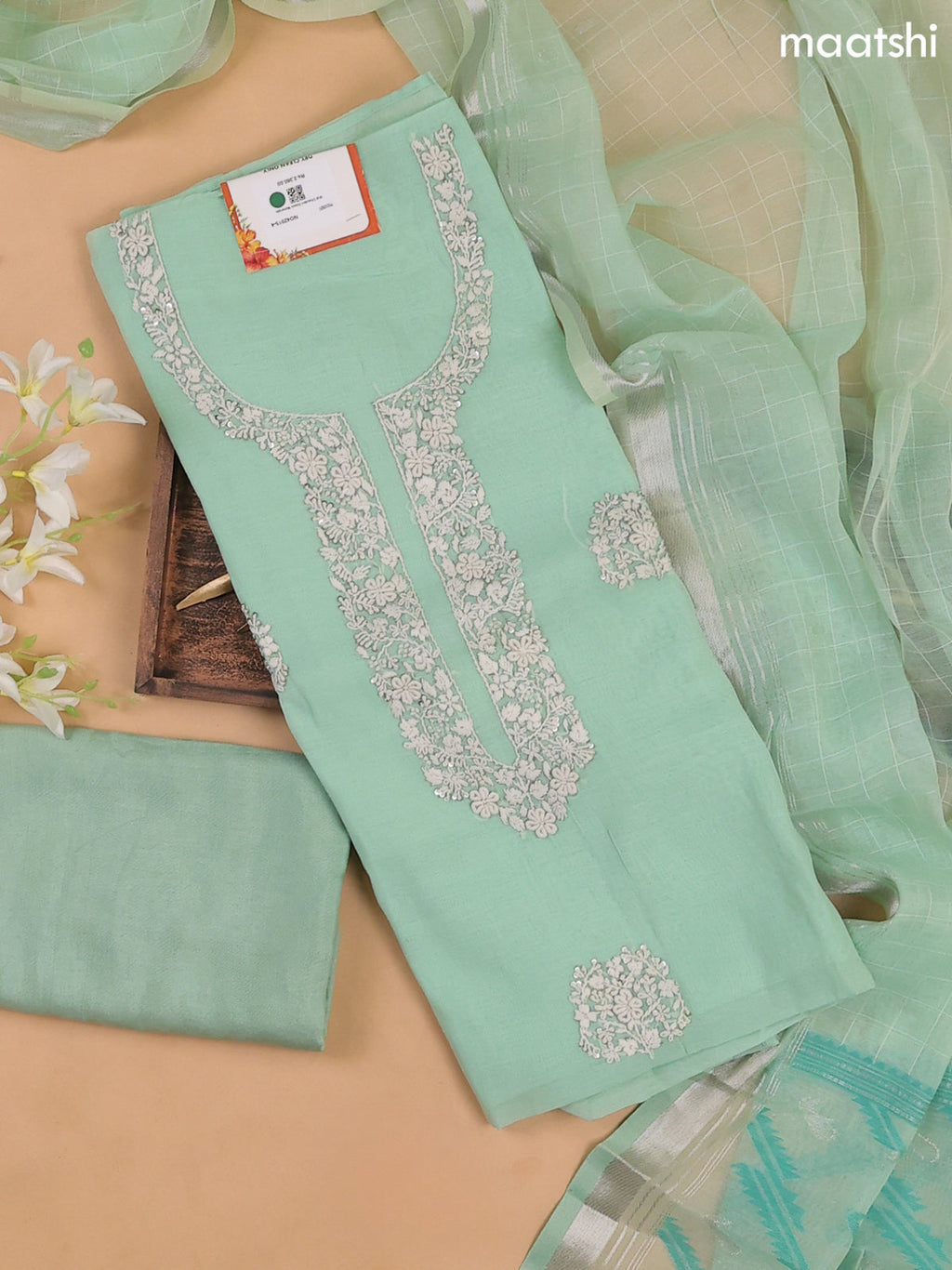 Teal Shade Mul Chanderi Dress Materials With Floral Embroidery Work