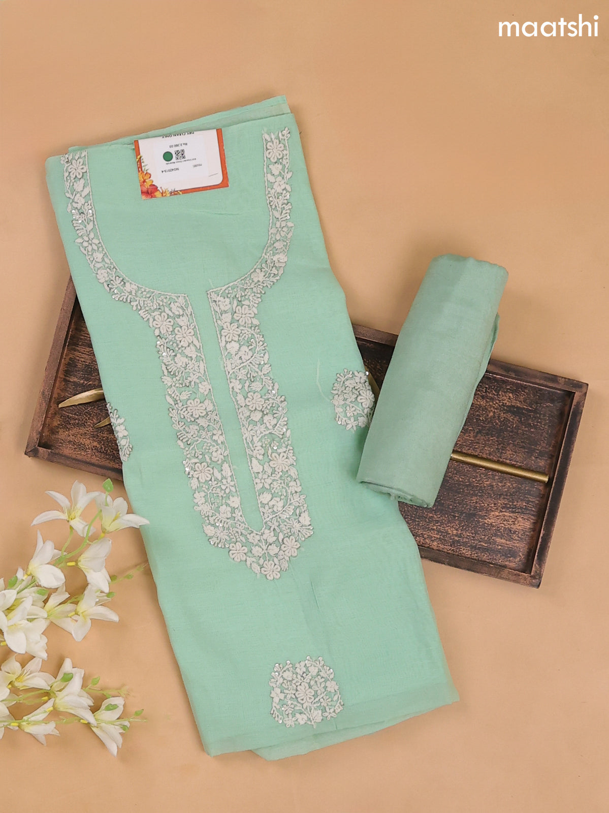 Teal Shade Mul Chanderi Dress Materials With Floral Embroidery Work