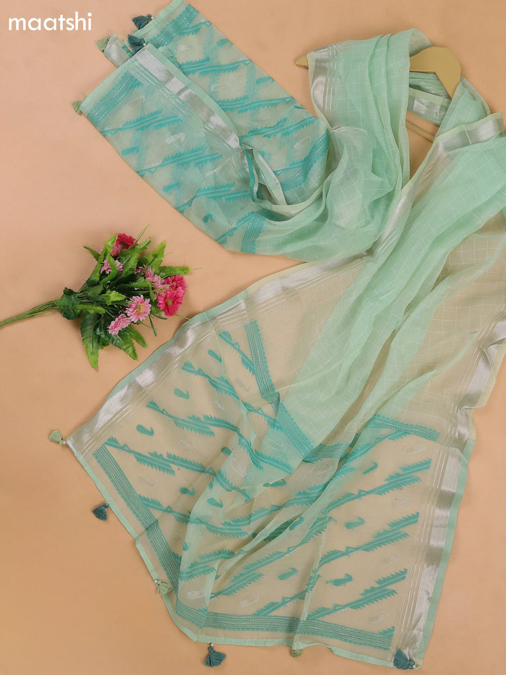 Teal Shade Mul Chanderi Dress Materials With Floral Embroidery Work