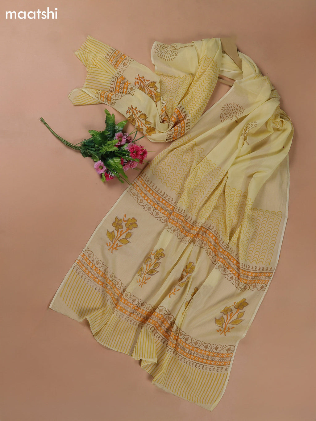 Pale Yellow Mulmul Cotton Dress Materials With Floral Butta Weaves