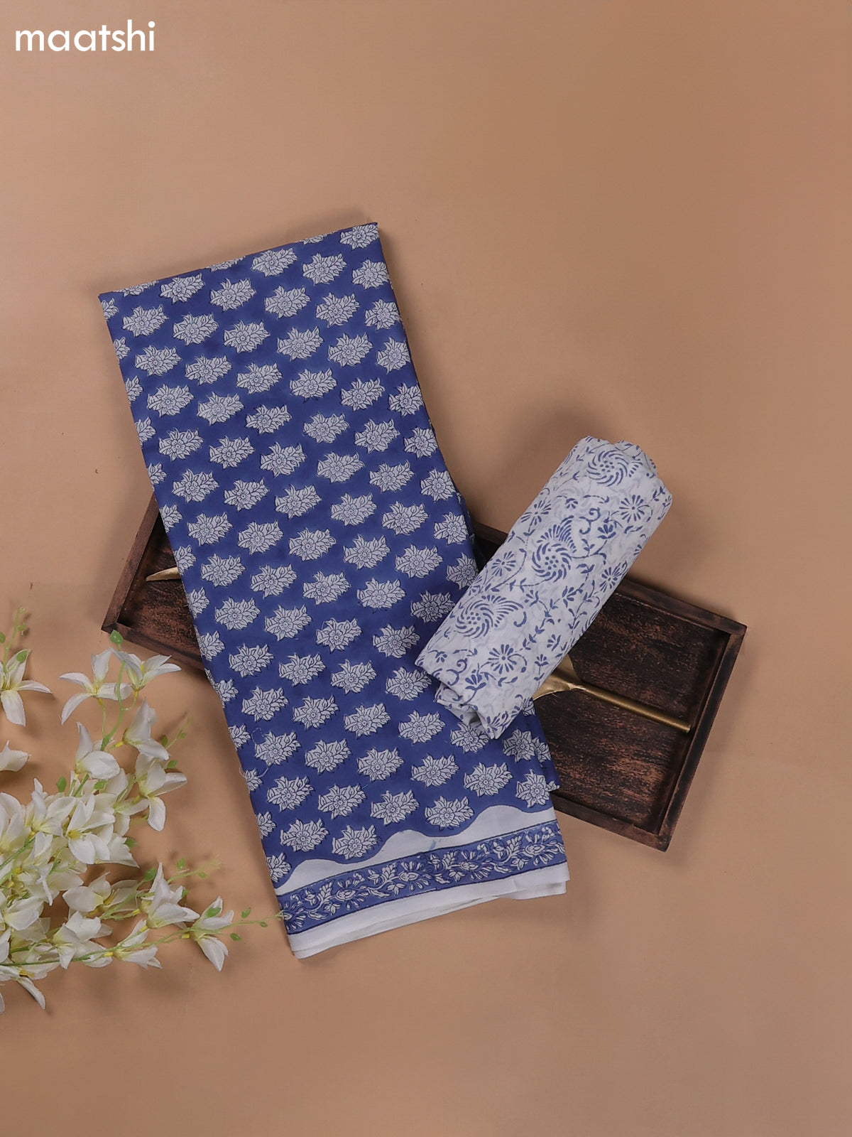 Blue and Off White Mulmul Cotton Dress Materials With All Over Floral Butta Weaves