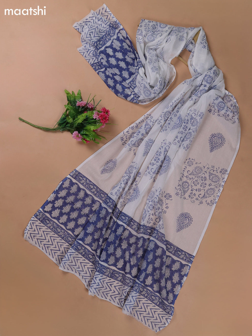 Blue and Off White Mulmul Cotton Dress Materials With All Over Floral Butta Weaves