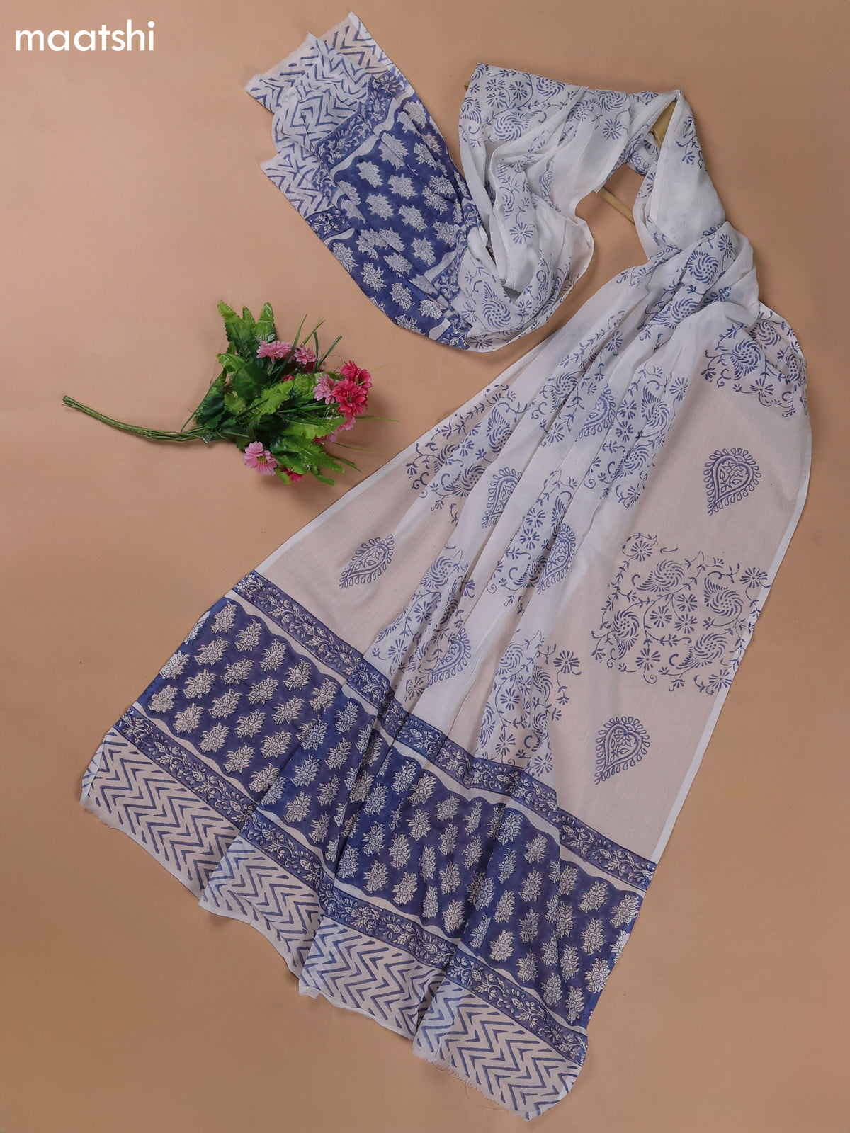 Blue and Off White Mulmul Cotton Dress Materials With All Over Floral Butta Weaves