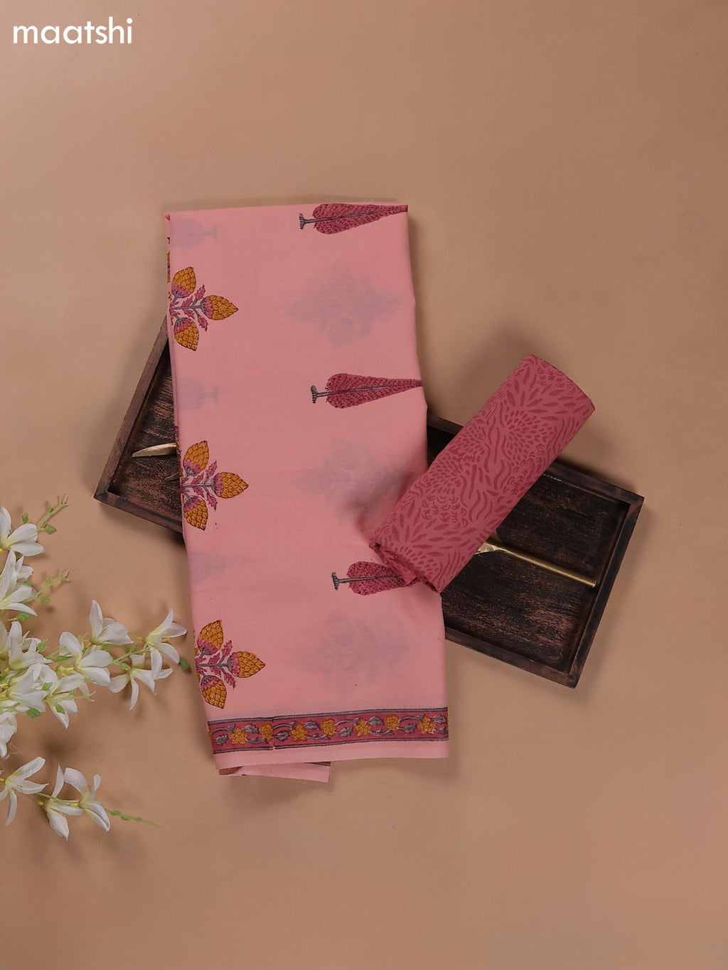 Peach Pink Mulmul Cotton Dress Materials With Butta Prints
