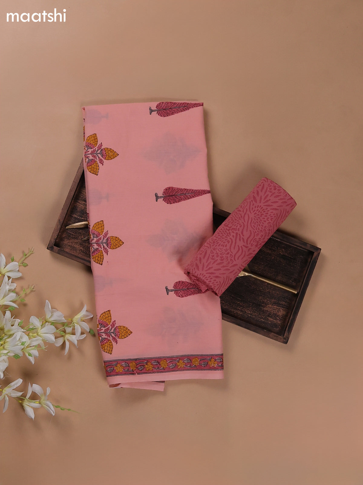 Peach Pink Mulmul Cotton Dress Materials With Butta Prints
