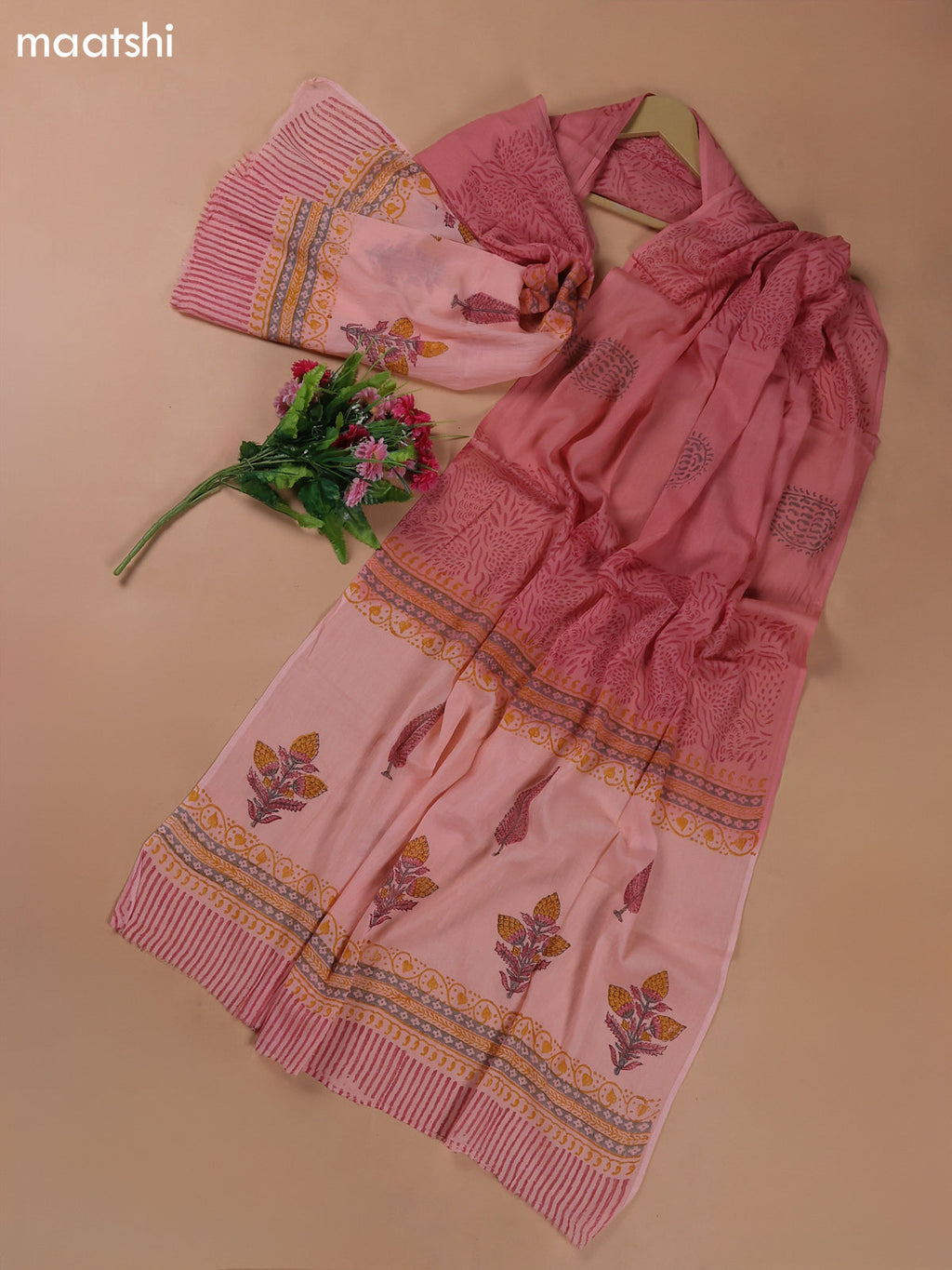 Peach Pink Mulmul Cotton Dress Materials With Butta Prints