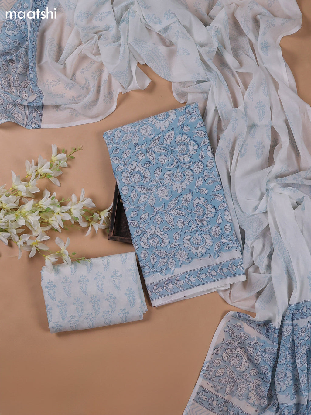 Light Blue and Off White Mulmul Cotton Dress Materials With Floral Prints