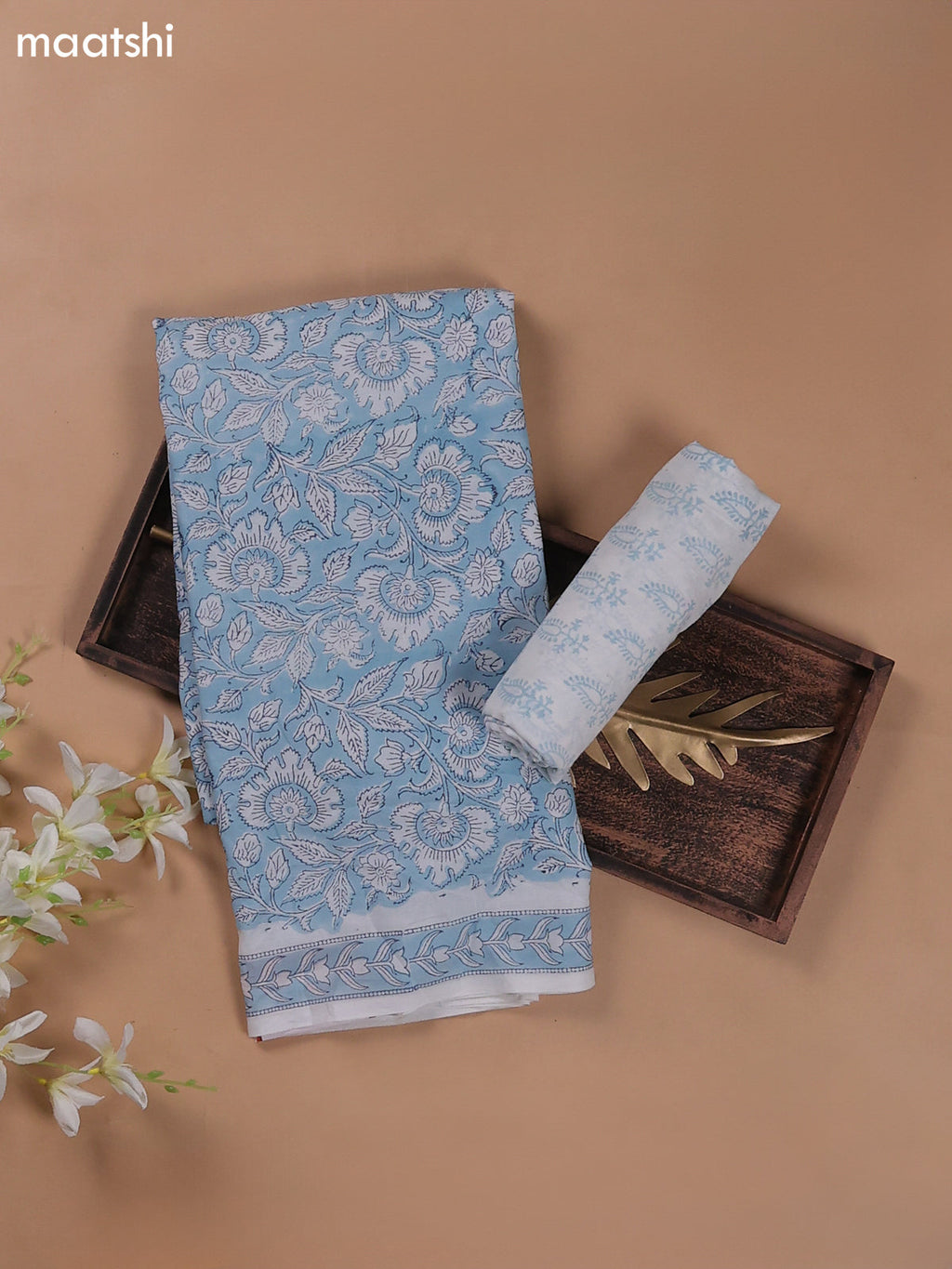 Light Blue and Off White Mulmul Cotton Dress Materials With Floral Prints