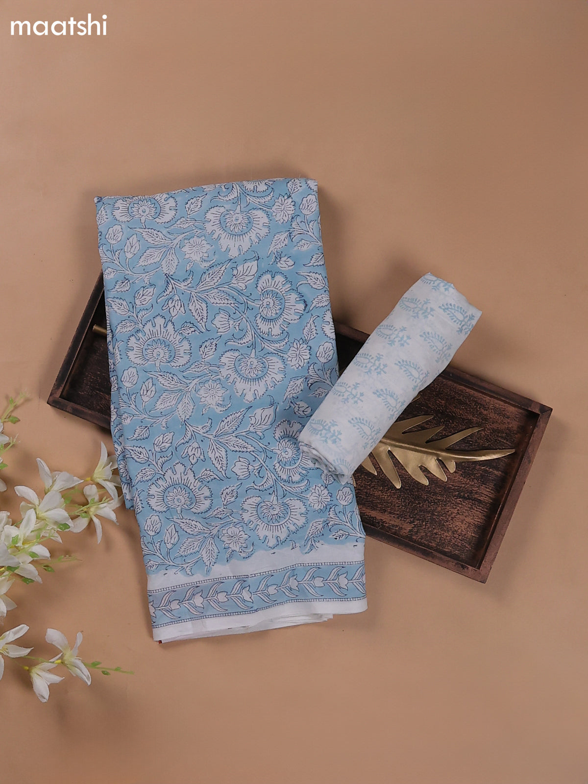 Light Blue and Off White Mulmul Cotton Dress Materials With Floral Prints