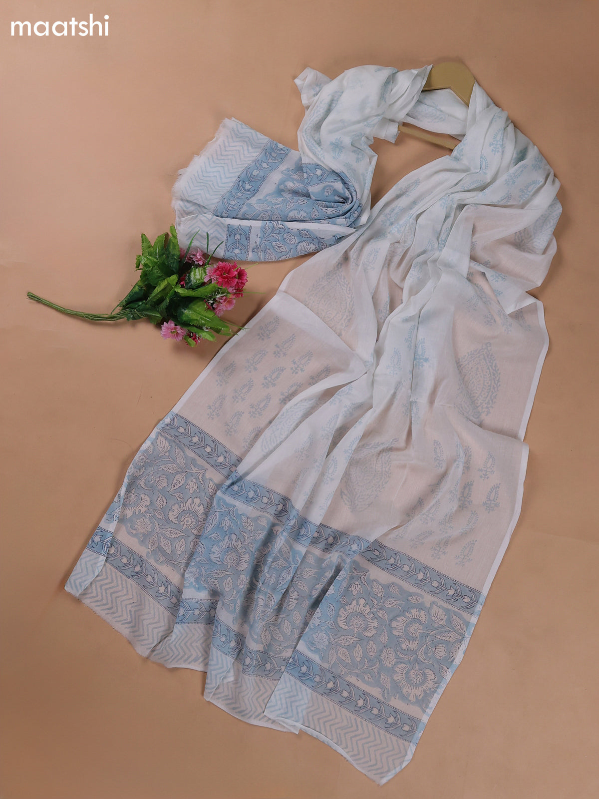 Light Blue and Off White Mulmul Cotton Dress Materials With Floral Prints