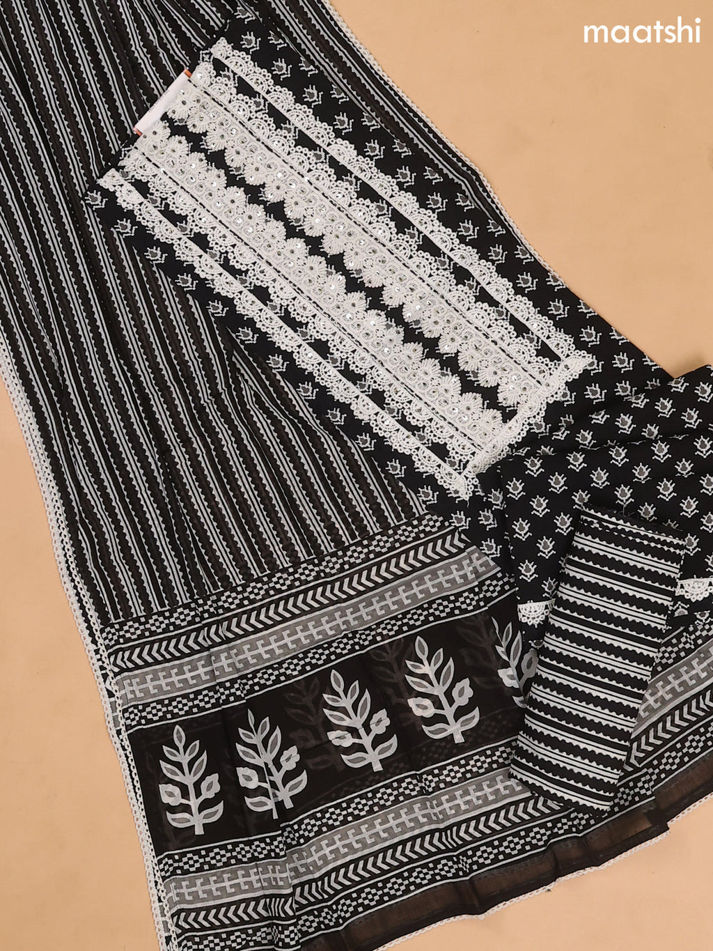 Black and Off White Cotton Dress Material With Buttas Prints & Lace Work Neck Pattern