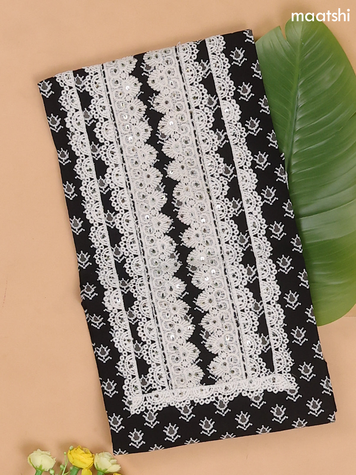 Black and Off White Cotton Dress Material With Buttas Prints & Lace Work Neck Pattern