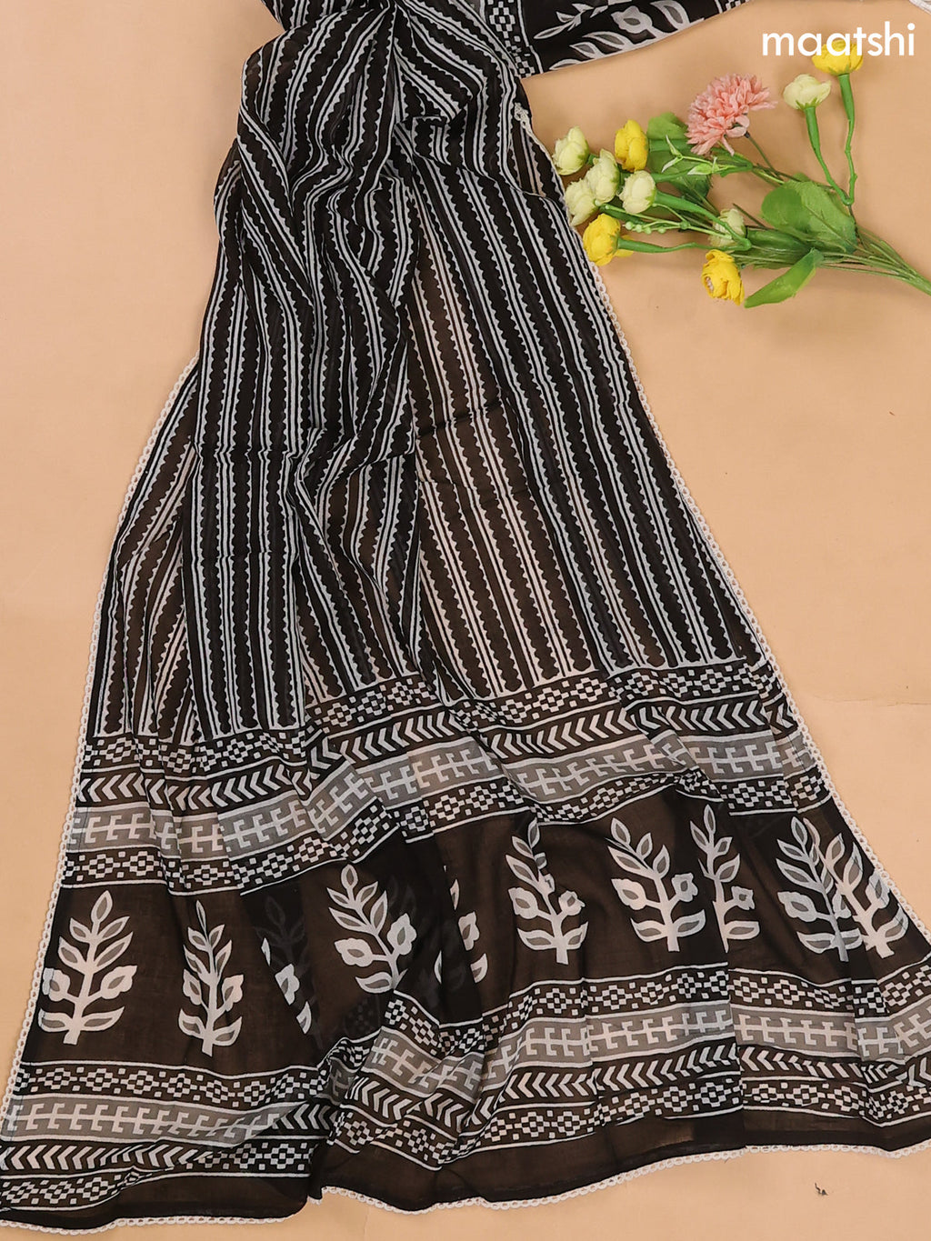 Black and Off White Cotton Dress Material With Buttas Prints & Lace Work Neck Pattern