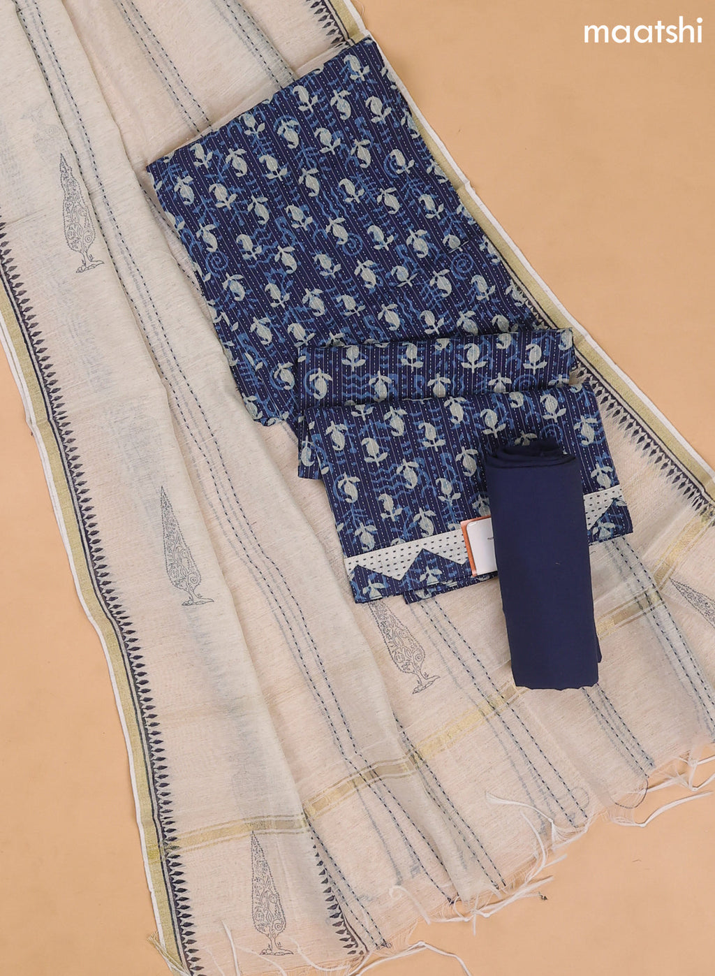 Navy Blue and Off White Cotton Dress Material With Allover Thread Woven & Buttas Prints