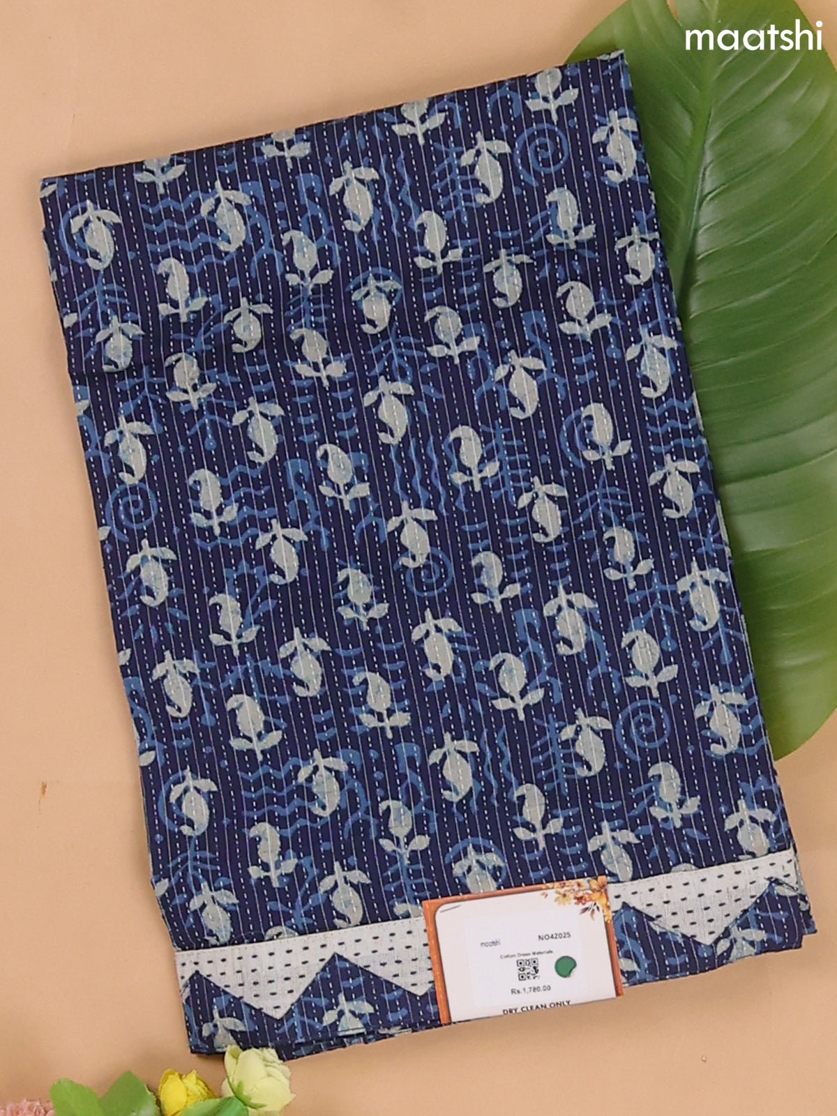 Navy Blue and Off White Cotton Dress Material With Allover Thread Woven & Buttas Prints