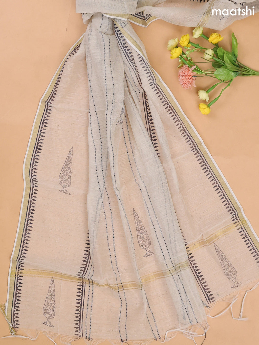 Navy Blue and Off White Cotton Dress Material With Allover Thread Woven & Buttas Prints