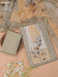 Sap Green Linen Cotton Dress Material With Floral Prints & Hakoba Work