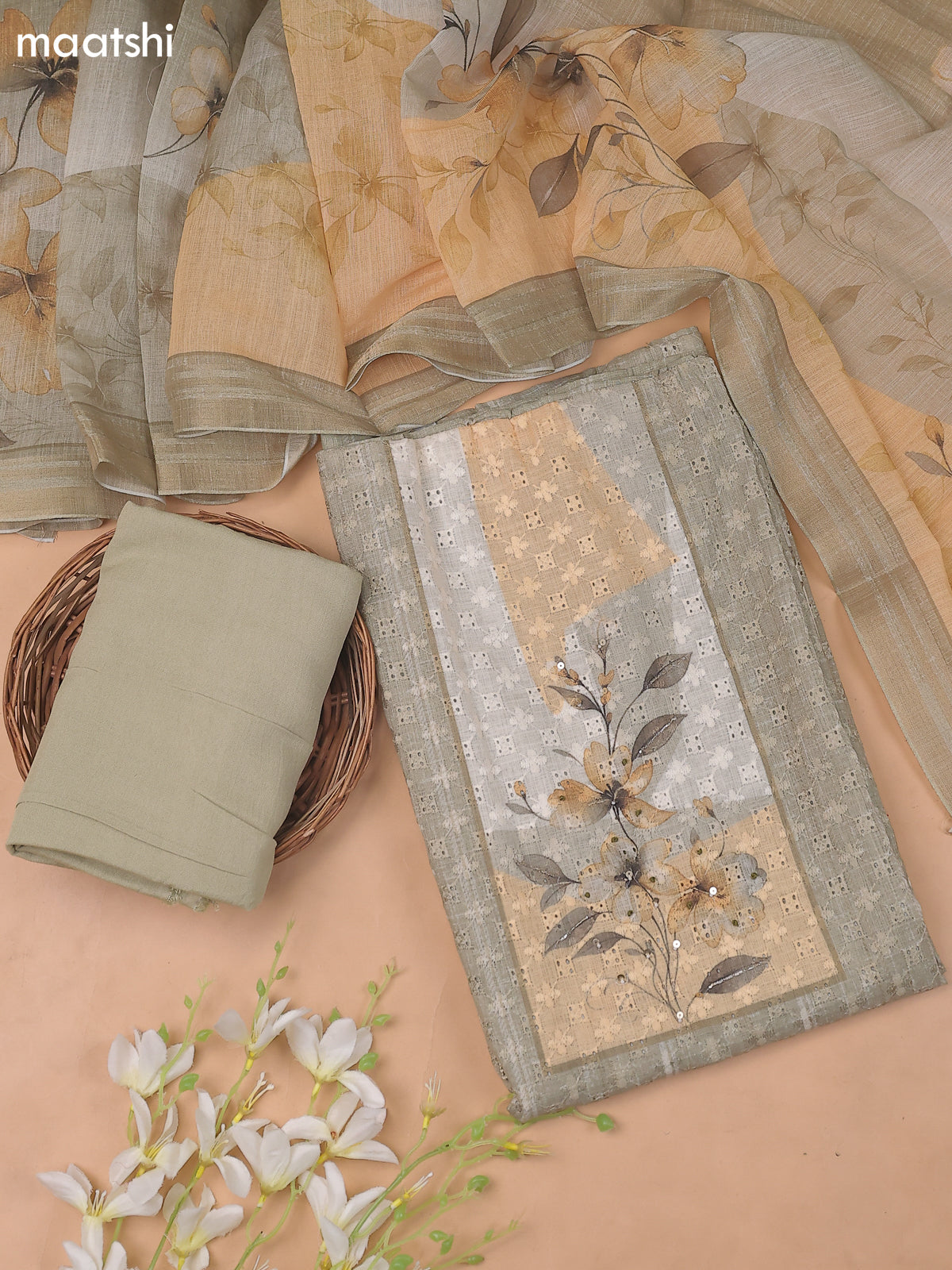 Sap Green Linen Cotton Dress Material With Floral Prints & Hakoba Work