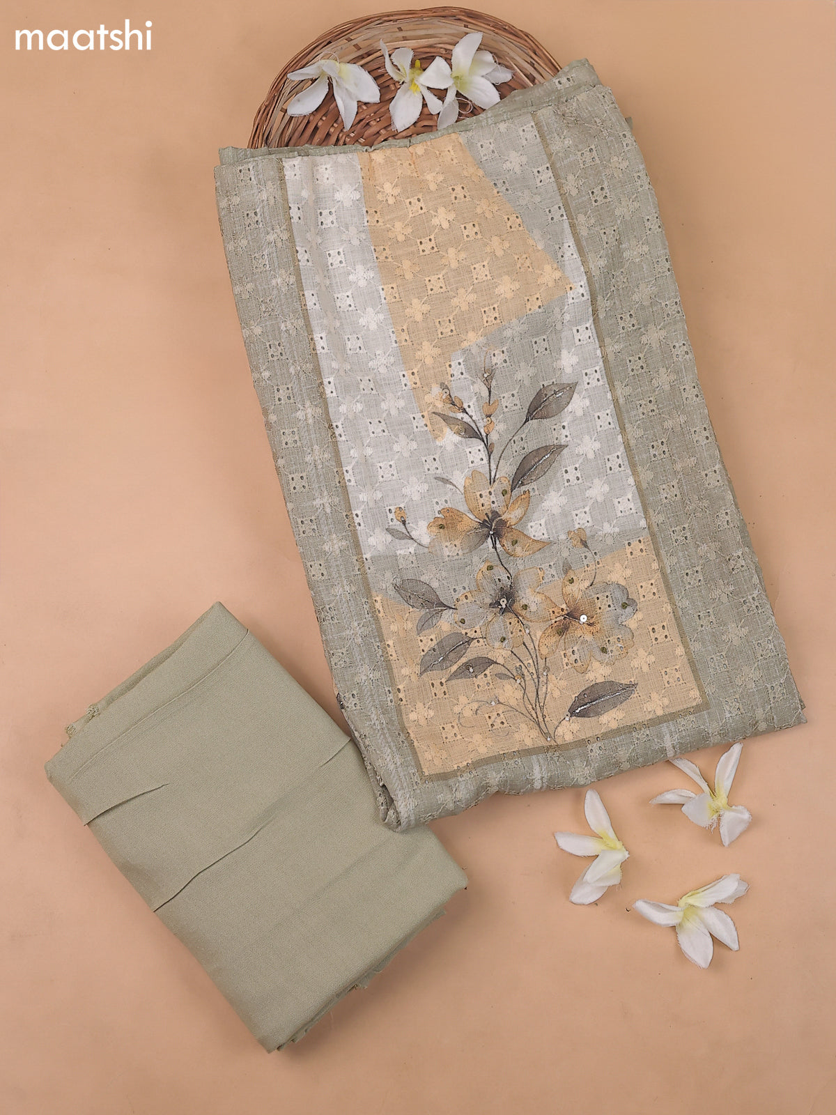 Sap Green Linen Cotton Dress Material With Floral Prints & Hakoba Work
