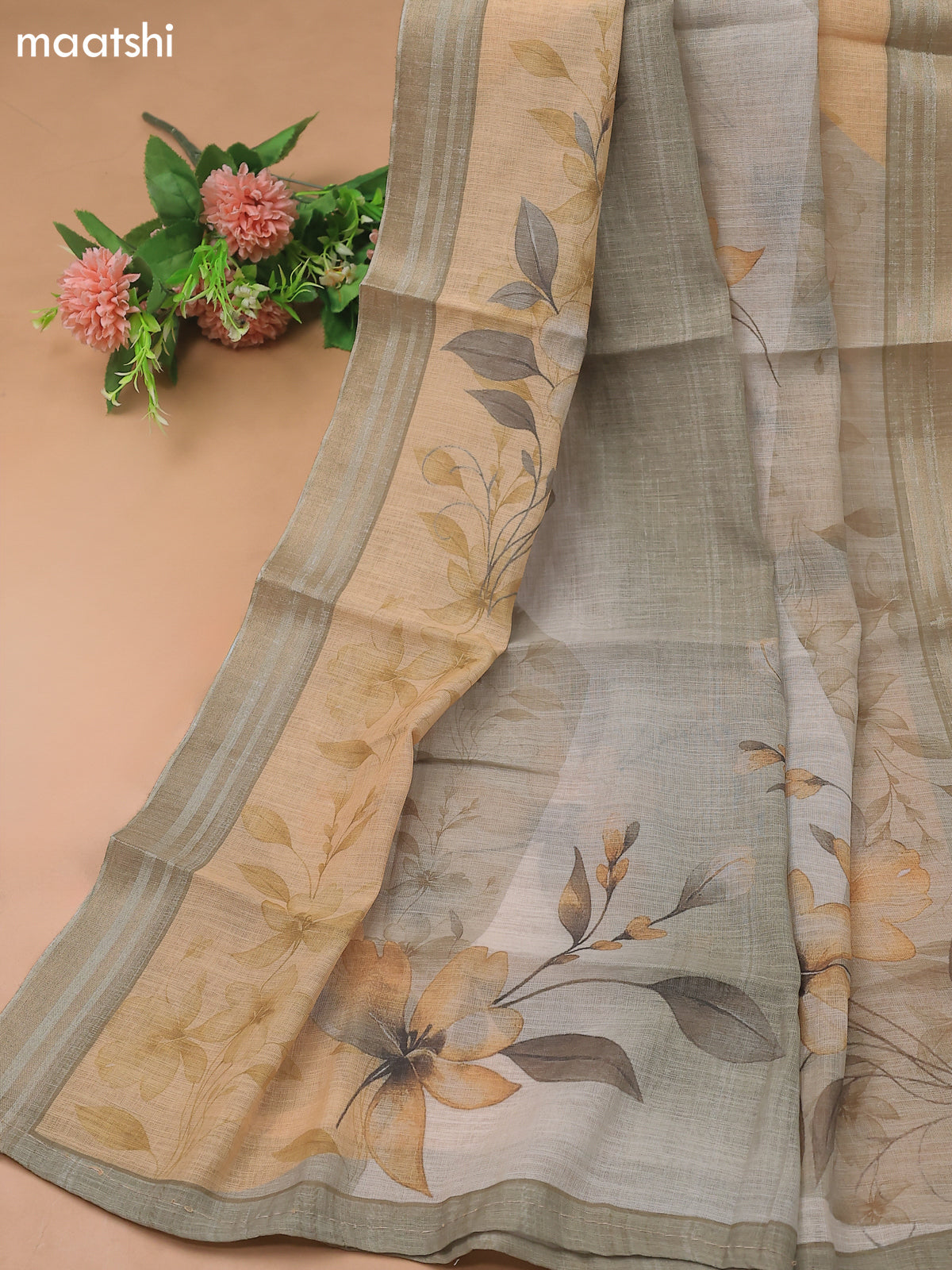 Sap Green Linen Cotton Dress Material With Floral Prints & Hakoba Work