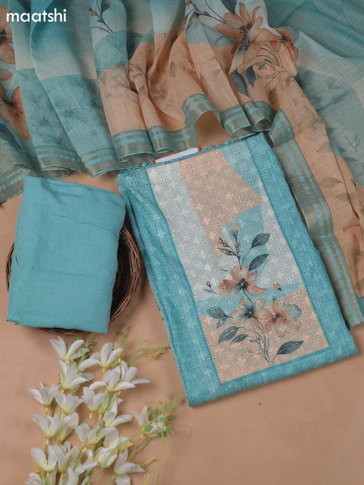 Teal Blue Linen Cotton Dress Material With Floral Prints & Hakoba Work