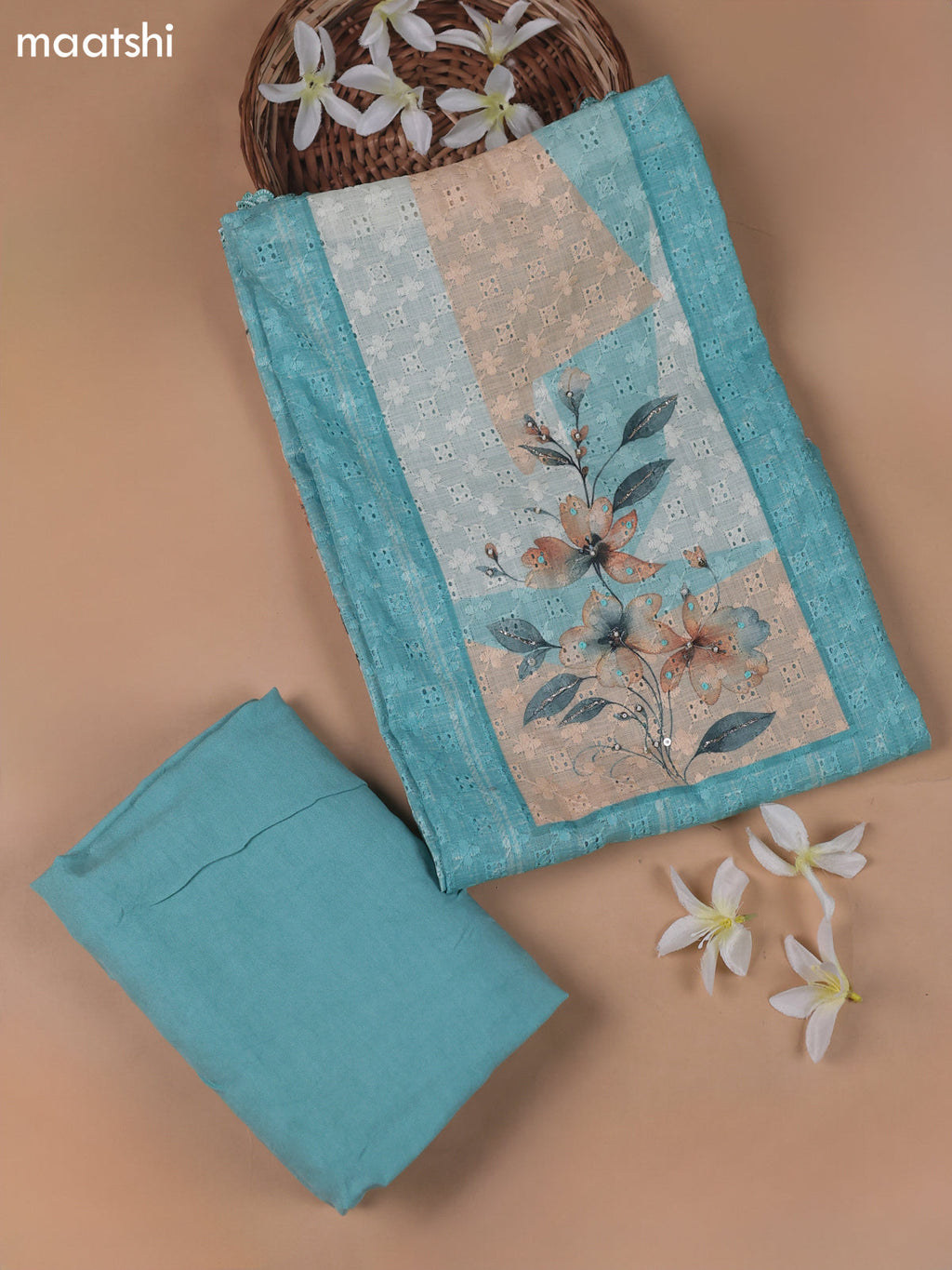 Teal Blue Linen Cotton Dress Material With Floral Prints & Hakoba Work