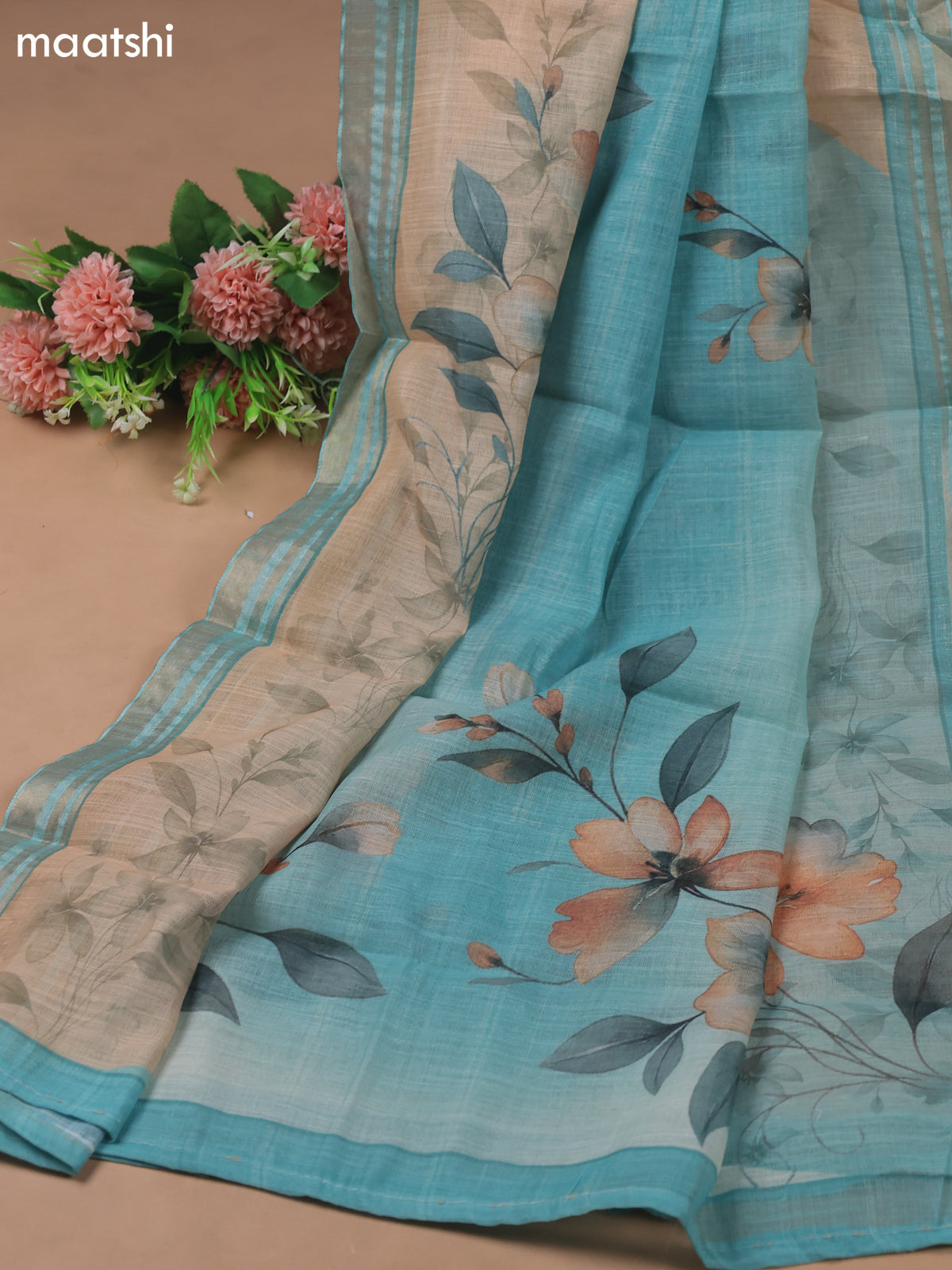 Teal Blue Linen Cotton Dress Material With Floral Prints & Hakoba Work