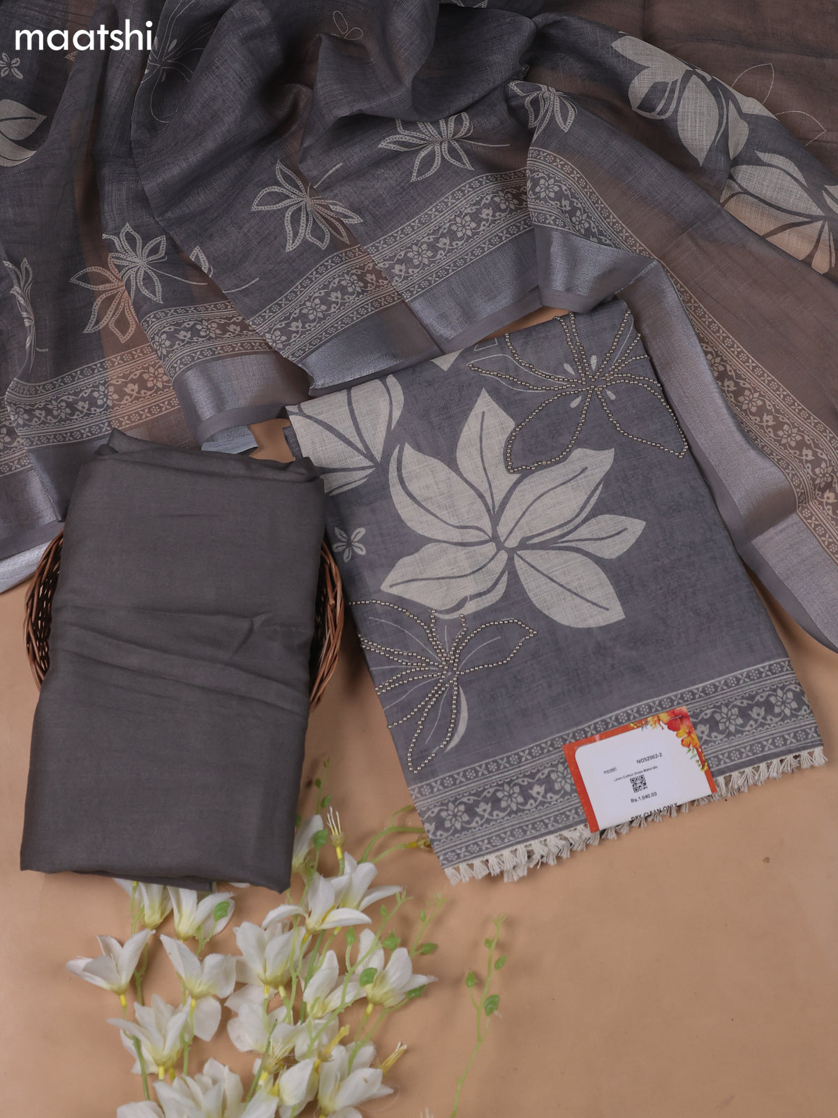 Pastel Brown Linen Cotton Dress Material With Floral Prints & Beats Work