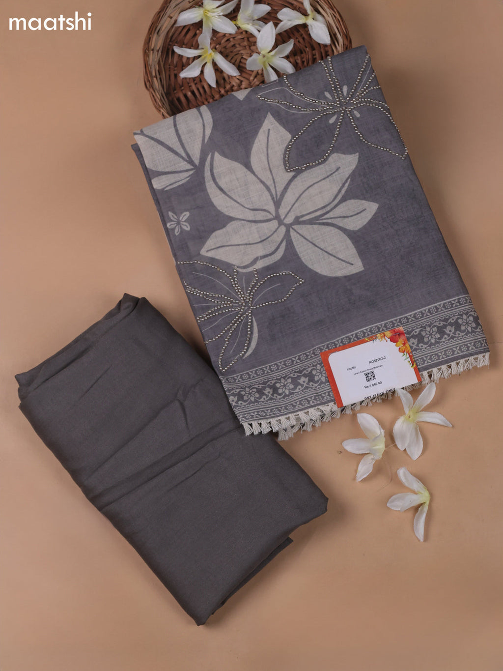 Pastel Brown Linen Cotton Dress Material With Floral Prints & Beats Work