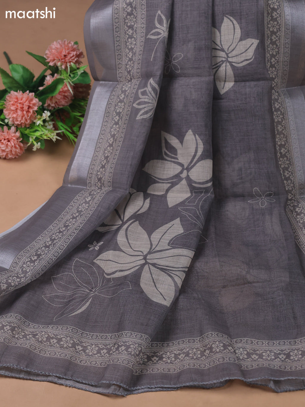 Pastel Brown Linen Cotton Dress Material With Floral Prints & Beats Work