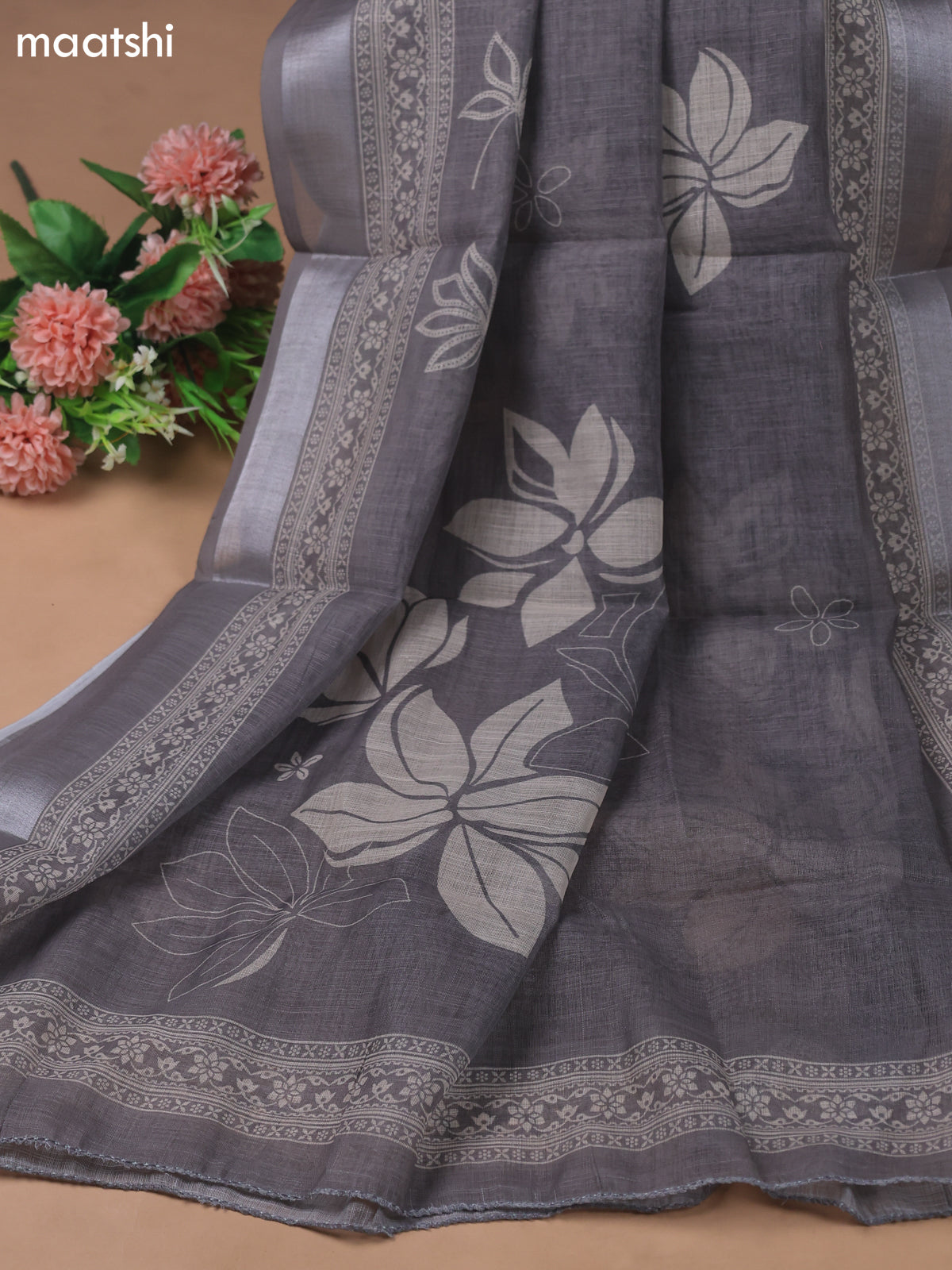 Pastel Brown Linen Cotton Dress Material With Floral Prints & Beats Work