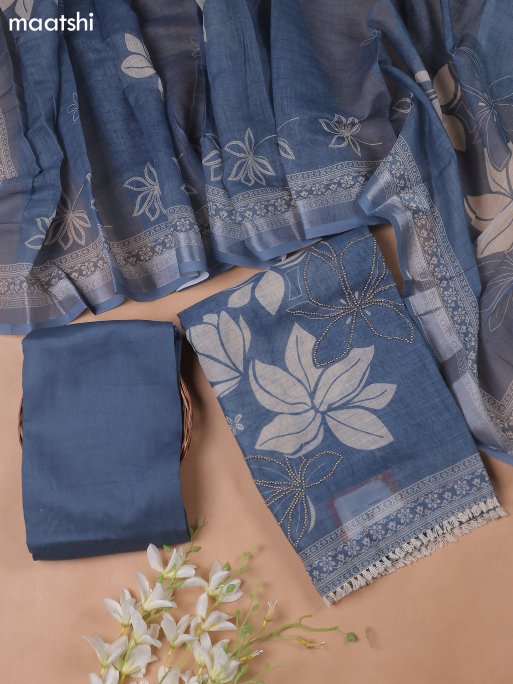 Teal Blue Linen Cotton Dress Material With Floral Prints & Beats Work