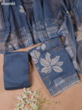 Teal Blue Linen Cotton Dress Material With Floral Prints & Beats Work